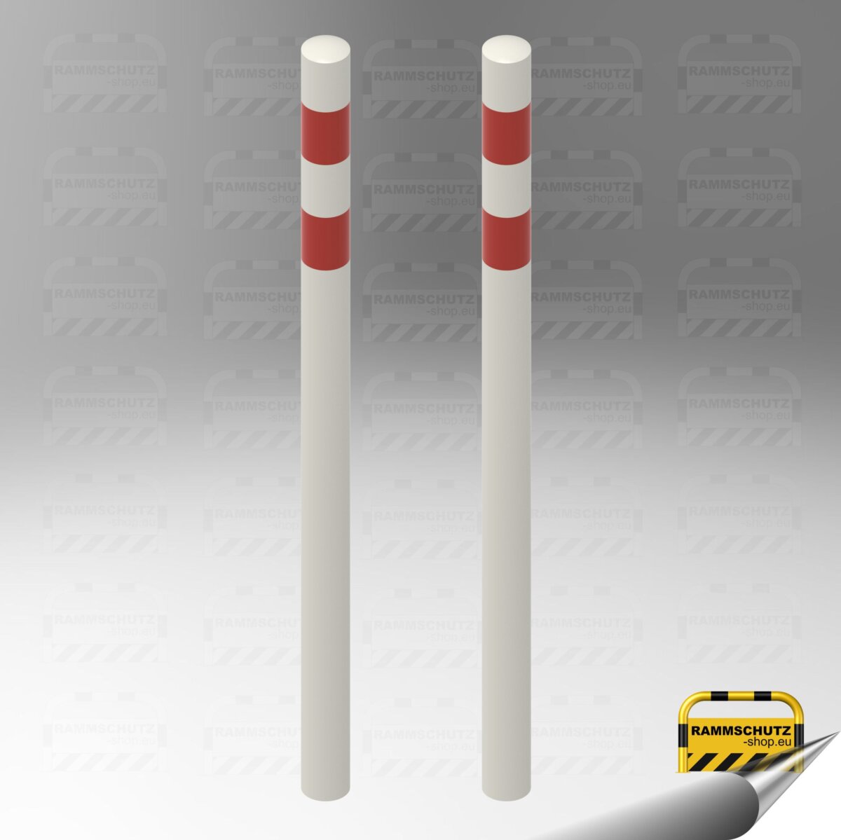 Ladesäulen-Rammschutz-Set, 2 Stück Schutzpfosten “XL” Ø76 mm, Höhe über Flur 1000 mm, zum Einbetonieren, weiß/rot