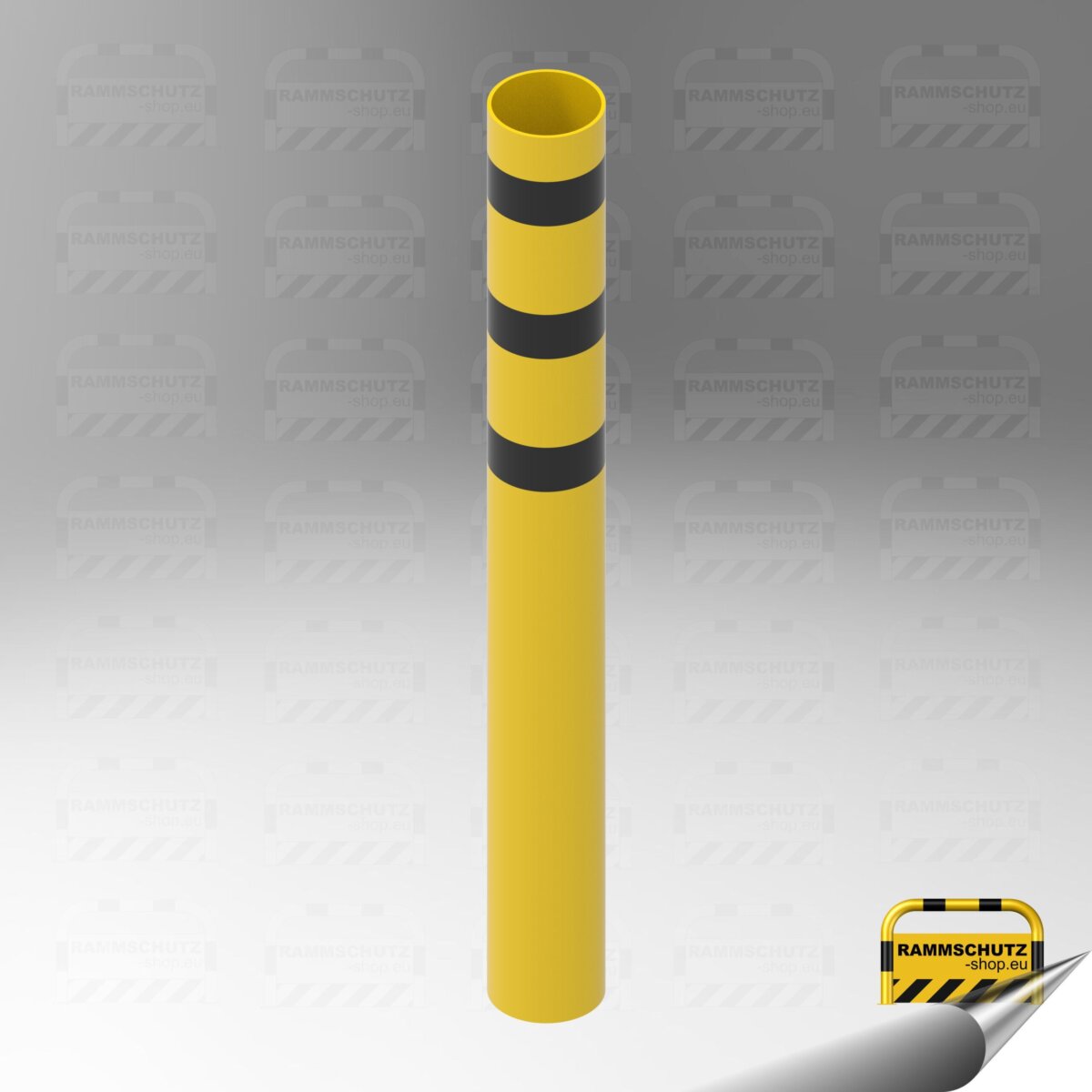 Rammschutz 222 kN 40 t Schwerlast-Schutzpfosten Ø219 mm, Höhe über Flur 1400 mm, zum Einbetonieren, oben und unten offen, gelb/schwarz