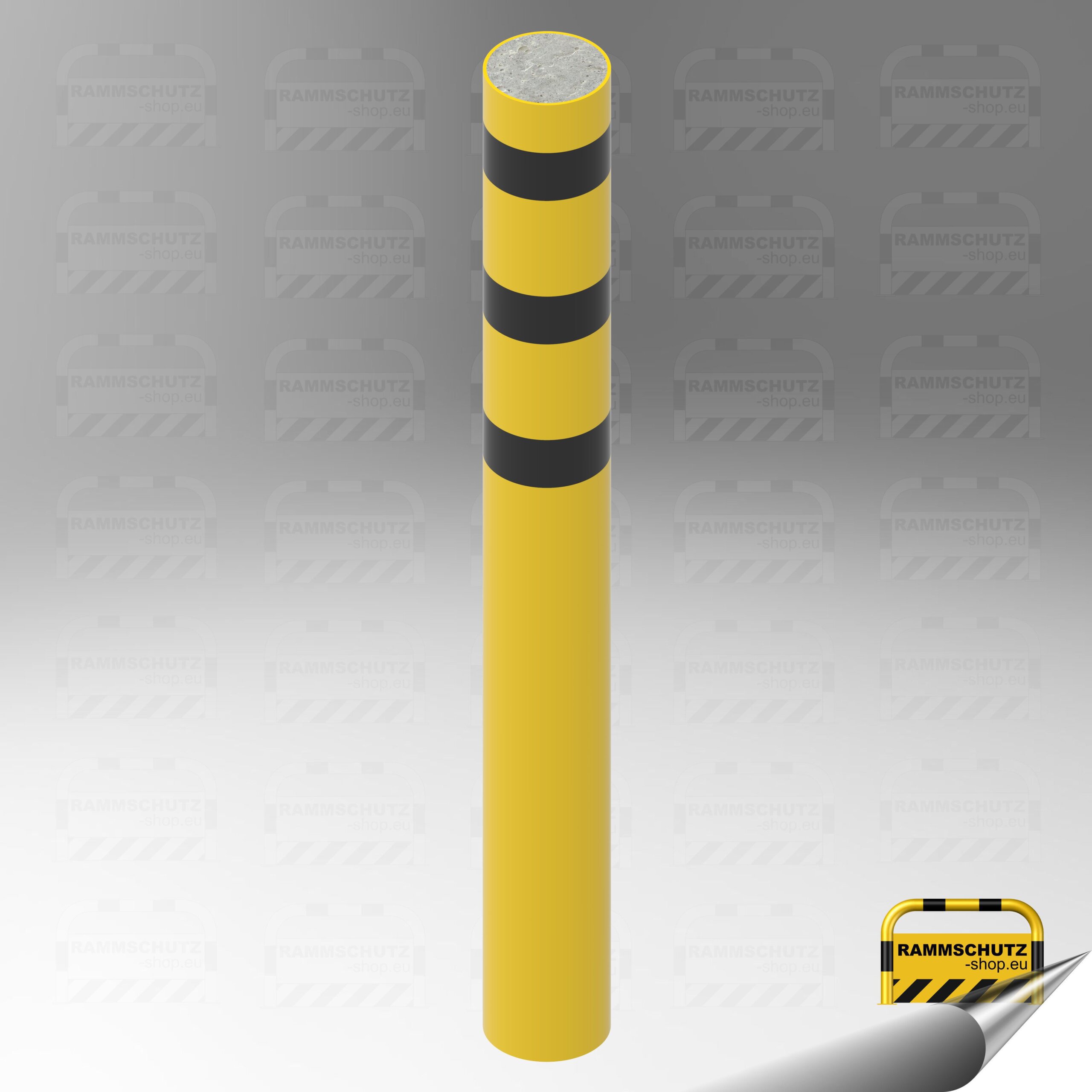 Rammschutz 64 kN Schwerlast-Schutzpfosten Ø219 mm, Höhe über Flur 1400 mm, zum Einbetonieren, oben und unten offen, gelb/schwarz 1 Rammschutz LKW-Schwerlast-Pfosten mit Betonfüllung geprüft nach VdTÜV MB 965 T3, 64 kN Belastung