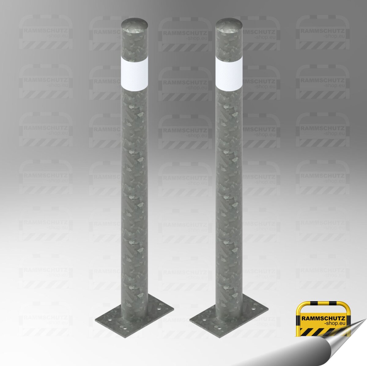 Ladesäulen-Rammschutz-Set, 2 Stück Schutzpfosten „XL“ Ø76 mm, Höhe 1000 mm zum Aufdübeln, feuerverzinkt mit farbigem Reflektor-Warnstreifen