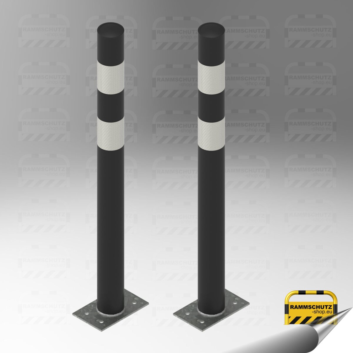 Ladesäulen-Rammschutz-Set, 2 Stück Rammschutz Schutzpfosten "XL" Ø76 mm, Höhe 1000 mm zum Aufdübeln, feuerverzinkt mit schwarzen Isolierschutz + weißen Reflexstreifen