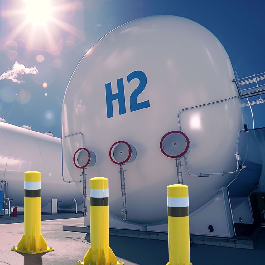 🚧 Schwerlast-Rammschutz-Pfosten | Ø219 mm | Höhe 1000 mm | gelb/schwarz + weißer Reflektor-Warnstreifen | Aufdübeln 2 Gelb/schwarzerSchwerlast-Rammschutz-Pfosten als Anfahrschutz vor einem Gefahrgut-Behälter