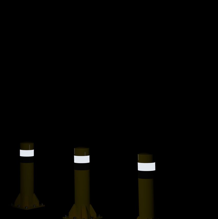 🚧 Schwerlast-Rammschutz-Pfosten | Ø219 mm | Höhe 1000 mm | gelb/schwarz + weißer Reflektor-Warnstreifen | Aufdübeln 3 Schwerlast-Rammschutz-Pfosten mit weißem Reflektor-Warnstreifen im Dunkeln