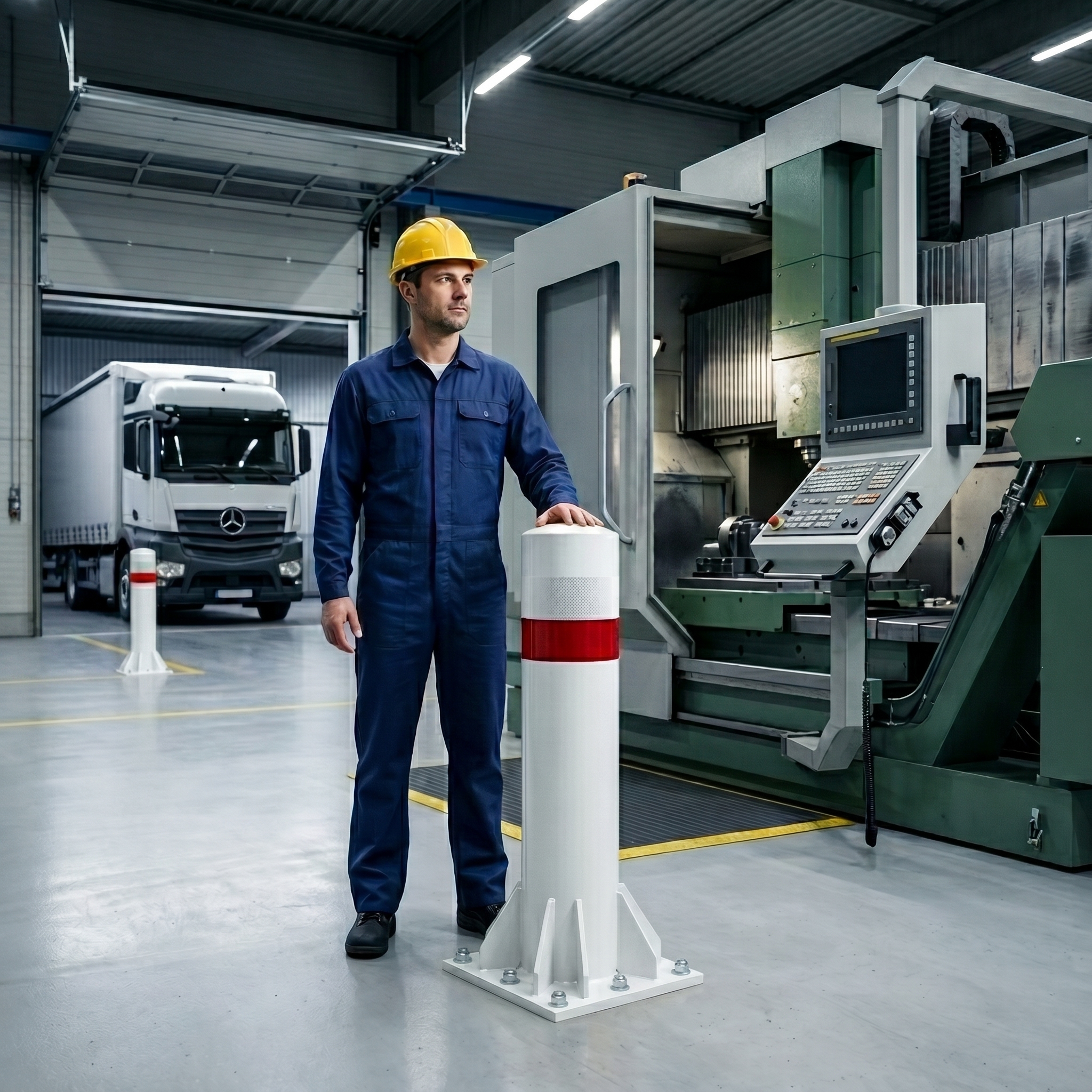 Rammschutz-Shop LKW-Poller| 42 kN | Ø219 mm | Höhe 1000 mm | weiß/rot/Reflex-weiß | Aufdübeln 2 Weiß/Roter LKW-Rammschutzpoller als Anfahrschutz in einer Produktionshalle