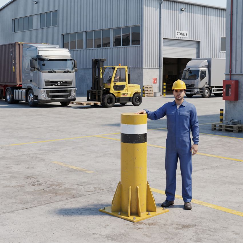 Rammschutz-Shop LKW-Poller | 64 kN | 40 t | Ø406 mm | Höhe 1500 mm | gelb/schwarz/Reflex-weiß | Aufdübeln 2 Gelb/schwarzer LKW-Rammschutzpoller als massiver Anfahrschutz auf einem Firmengelände
