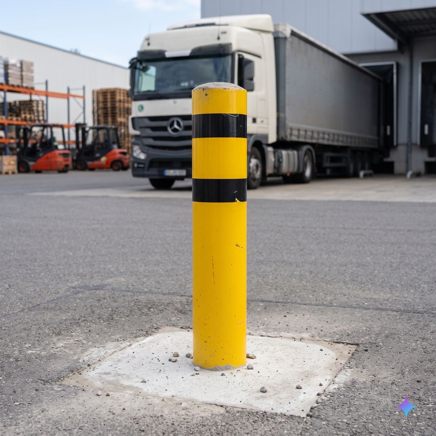 Rammschutz LKW-Poller | 64 kN | 40 t | FL1 | Ø219 mm | HüF 1300 mm | FVZ | gelb/schwarz | Einbetonieren 2 Gelb-schwarzer Rammschutz LKW Poller als Anfahrschutz auf einem Firmengelände