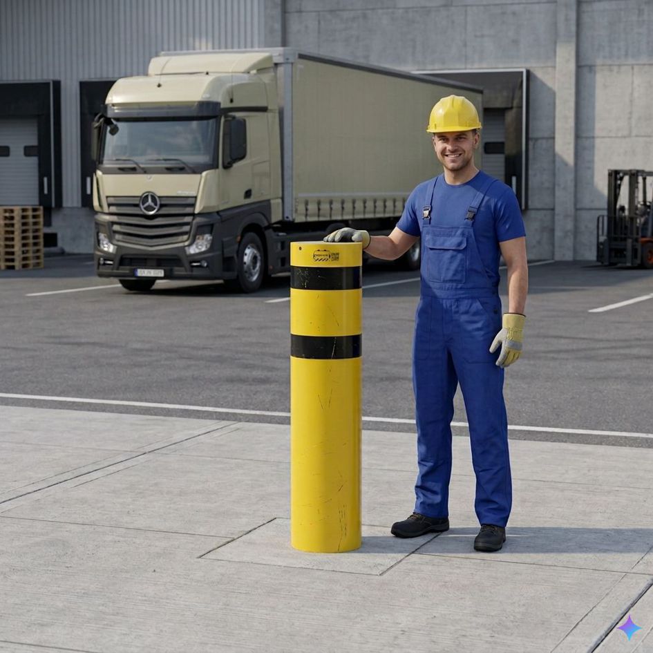 Rammschutz LKW-Poller | 100 kN | 40 t | FL2 | Ø273 mm | HüF 1300 mm | FVZ | gelb/schwarz | Einbetonieren 2 Gelb/schwarzer Rammschutz LKW Poller als Anfahrschutz auf einem Speditionsgelände