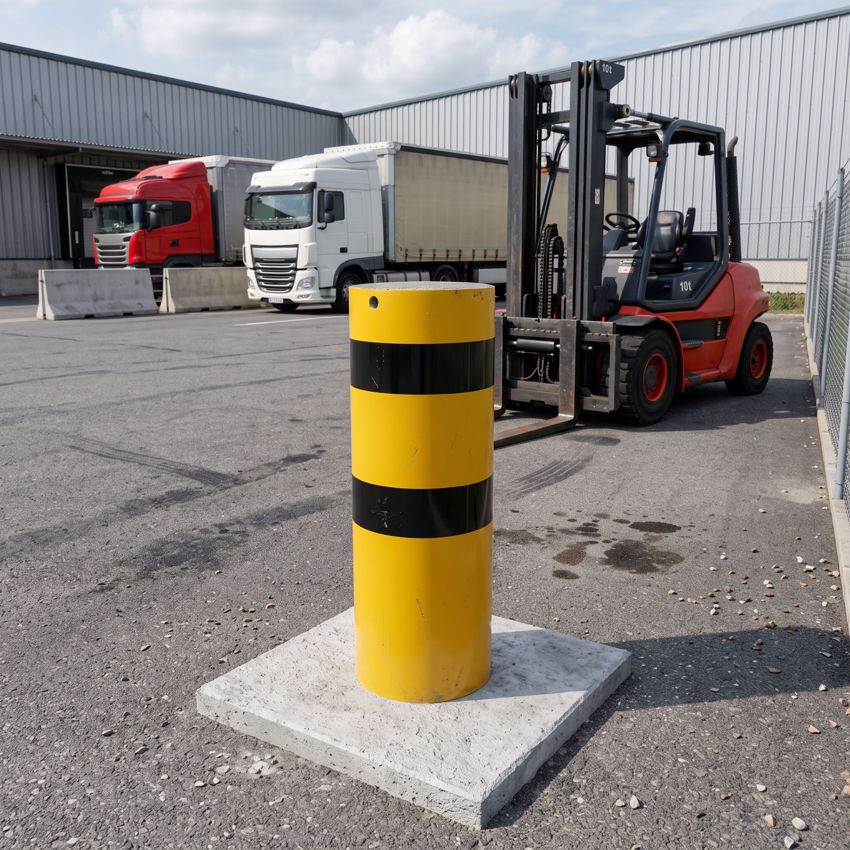 Rammschutz-Shop LKW-Poller | 300 kN | 200 t | FL4 | Ø406 mm | HüF 1300 mm | FVZ | gelb/schwarz | Einbetonieren 2 Gelb/schwarzer einbetonierter Rammschutz-LKW-Poller auf einem Firmengelände