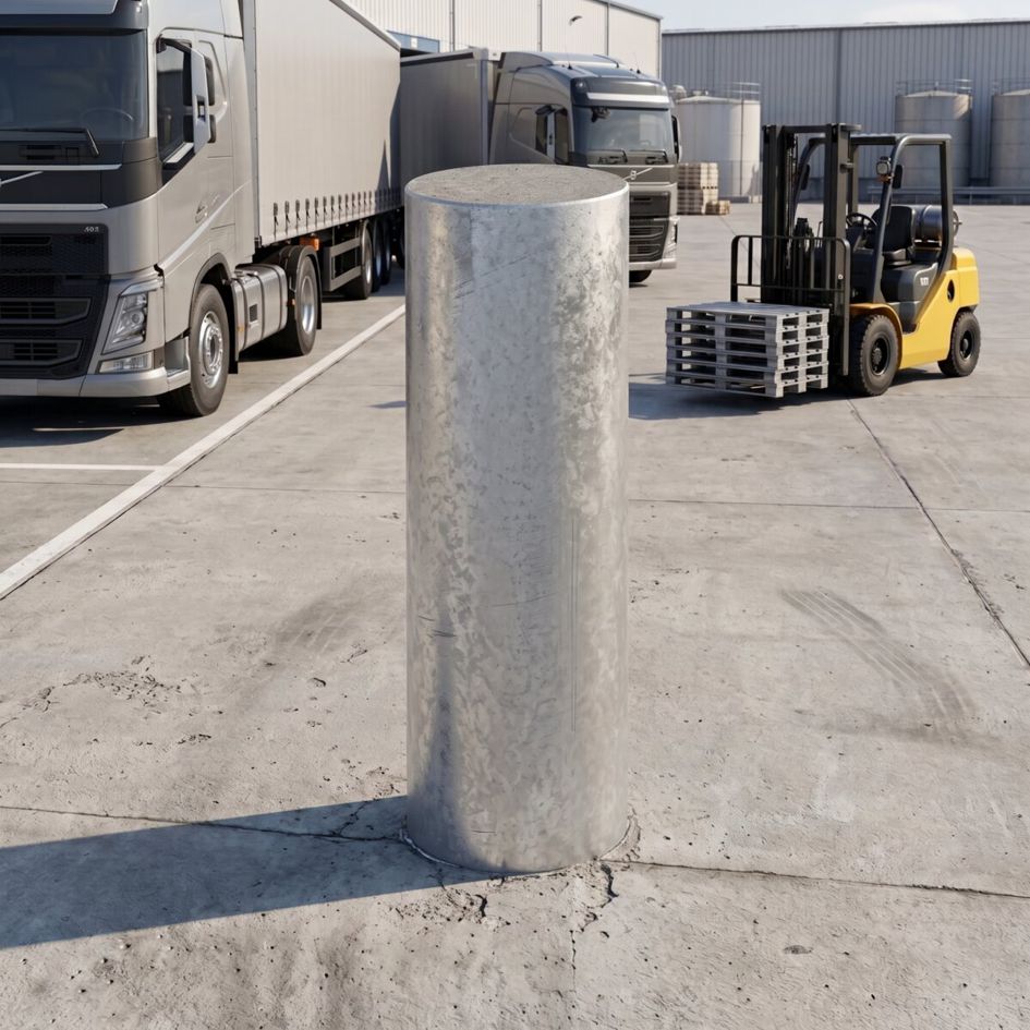 Rammschutz LKW-Poller | 350 kN | 40 t | FL4 | Ø406 mm | HüF 1300 mm | FVZ | Einbetonieren 2 Feuerverzinkter Rammschutz LKW Poller als Anfahrschutz auf einem Industriegelände
