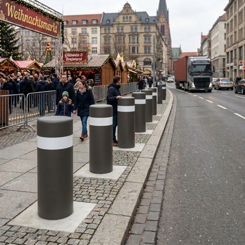 Rammschutz-Shop Anti-Terror-Poller | 300 kN | 200 t | Ø406 mm | HüF 1300 mm | FVZ | DB703 Eisenglimmer | Einbetonieren 2 Reihe von Anti-Terror-Pollern als Anfahrschutz für einem Weihnachtsmarkt