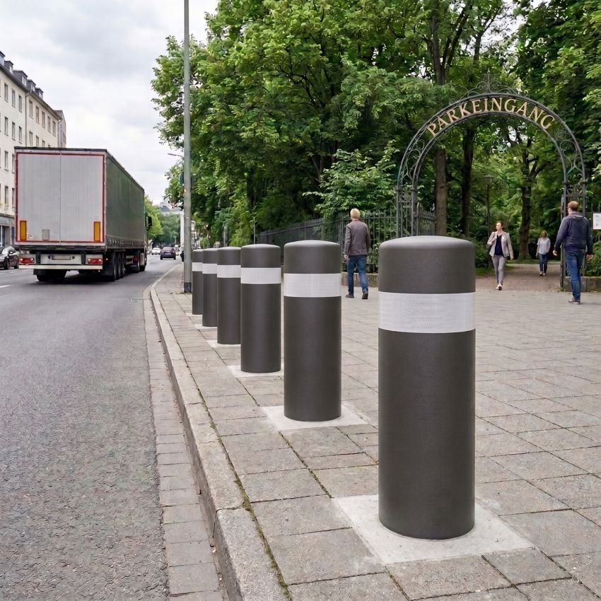 Rammschutz-Shop Anti-Terror-Poller | 300 kN | 200 t | Ø406 mm | HüF 1300 mm | FVZ | DB703 Eisenglimmer | Einbetonieren 3 Eine Reihe Anti-Terror-pollern als Anfahrschutz vor einem Stadtparkeingang