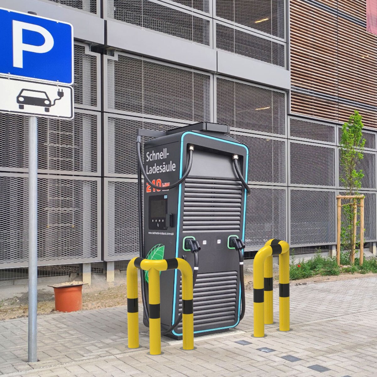 Rammschutz 90°-Schutzwinkel „XL“ Ø76 mm, L 350/350 x 650 (HüF) mm zum Einbetonieren gelb / schwarz – Bild 2