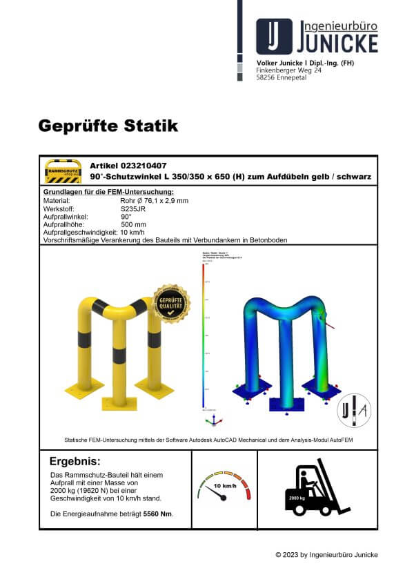 Rammschutz 90°-Schutzwinkel "XL" Ø76 mm, L 350/350 x 650 (H) mm zum Aufdübeln gelb / schwarz – Bild 4