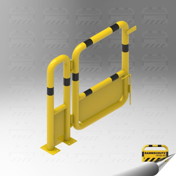 Rammschutz Schwenktor "XL" Ø76 mm, 1250 (B) x 1150 (H) mm, zum Aufdübeln, mit Unterfahrschutz, gelb/schwarz