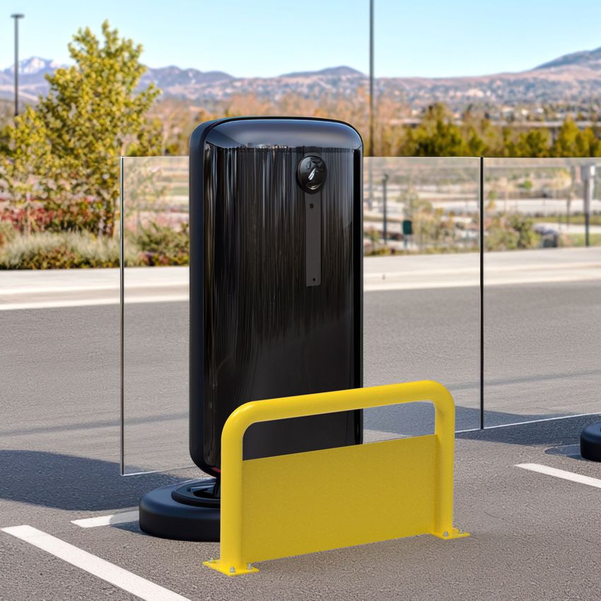 Rammschutz-Bügel | Unterfahrschutz | Ø76 mm | B1000 x H600 mm | gelb | Aufdübeln 2 Gelber Rammschutz-Bügel mit Unterfahrschutz vor einer Strom-Tankstelle