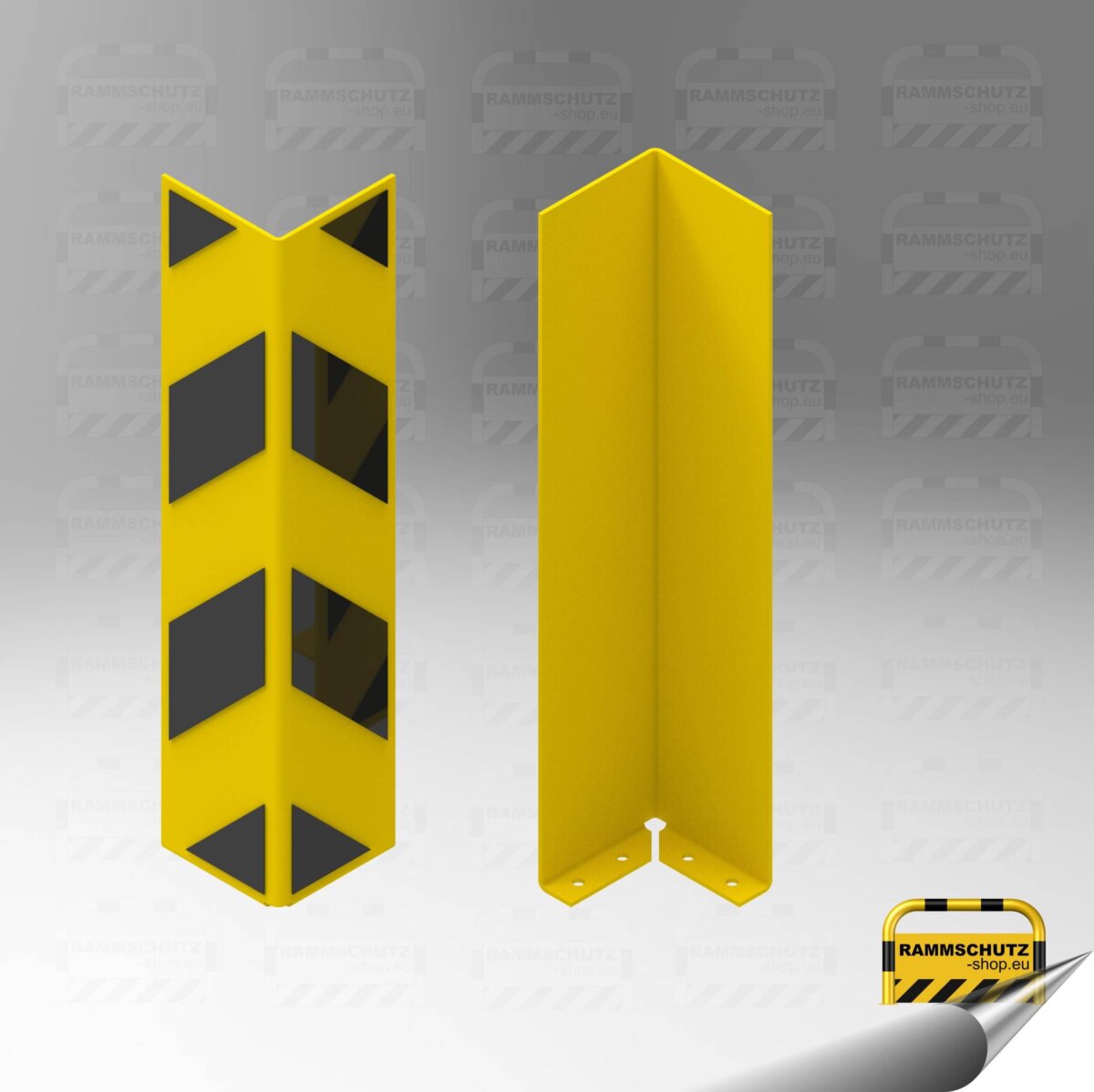 Rammschutz Anfahr-Schutzprofil L-Form 160/160 x Höhe 800 mm, Blech 6mm mit innenliegenden Boden-Befestigungslaschen + Signalstreifen außen