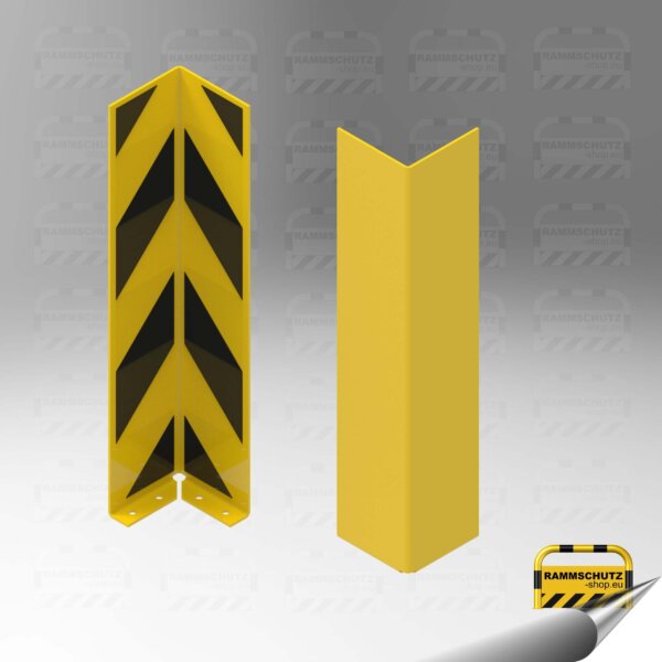 Rammschutz Anfahr-Schutzprofil L-Form 160/160 x Höhe 800 mm, Blech 6mm mit innenliegenden Boden-Befestigungslaschen + Signalstreifen innen