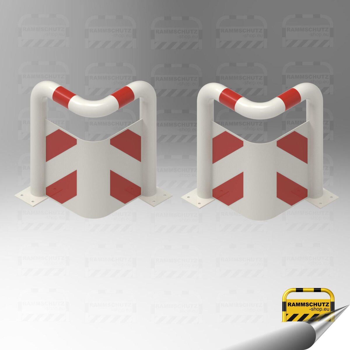 Ladesäulen-Rammschutz-Set, 2 Stück 90°-Schutzwinkel “XL” Ø76 mm, L426/426 x 650 (H) mm, zum Aufdübeln, mit Unterfahrschutz, weiß/rot