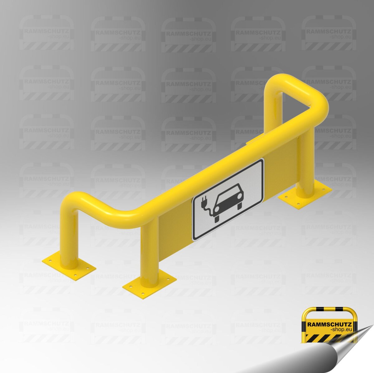 Ladesäulen-Rammschutz, U-Schutzbügel mit Verkehrszeichen 1010-66, „XL“ ∅76 mm, U400/1250/400 x 400 (H) mm zum Aufdübeln, gelb