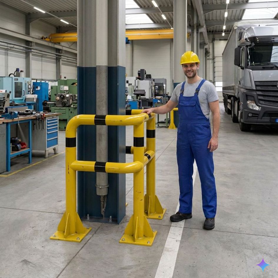 Rammschutz LKW-U-Winkel | 50 kN | 28 t | Ø102 mm | U650/1000/650 X H1300 mm | gelb/schwarz | Aufdübeln 2 Gelb/schwarzer Rammschutz LKW U-Winkel als Anfahrschutz vor einer Betonsäule