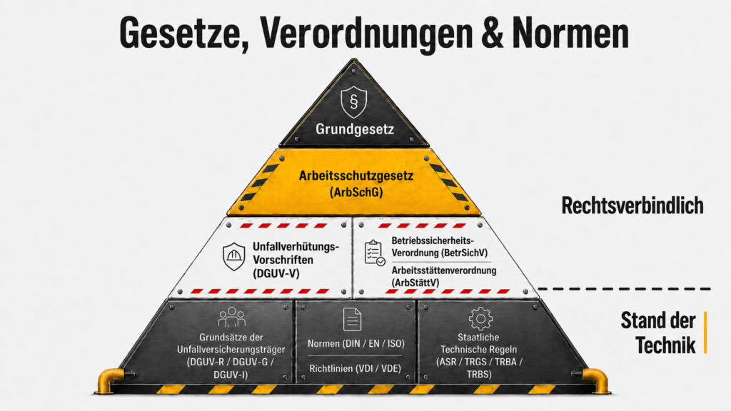 Gesetze und Normen 1 Grafik mit einer Pyramide, die die relevanten Gesetze und Normen für Rammschutz darstellt