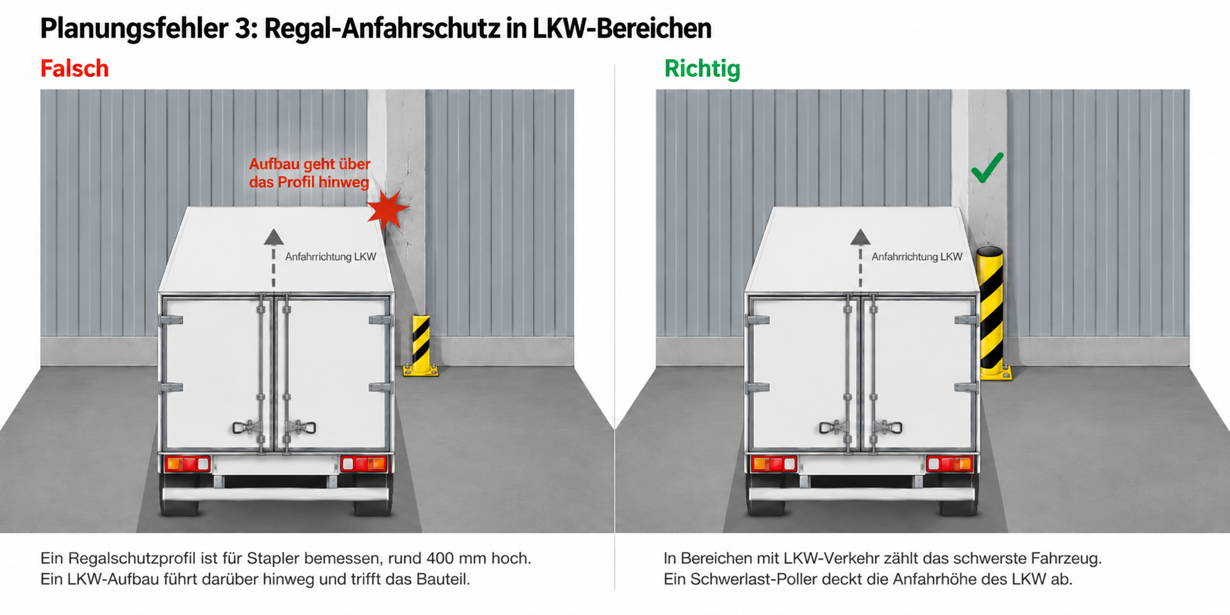 Anfahrschutz LKW & Gabelstapler 4 Planungsfehler 3: niedriges Regalschutzprofil an einer Gebäudeecke mit LKW-Verkehr, links falsch, rechts richtig mit hohem Schwerlast-Poller