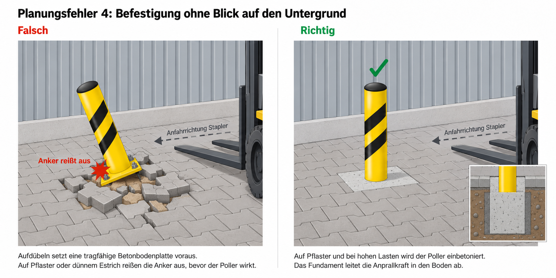 Anfahrschutz LKW & Gabelstapler 5 Planungsfehler 4: Rammschutz-Poller auf Pflaster aufgedübelt mit ausgerissenen Ankern, links falsch, rechts richtig einbetoniert mit Fundament