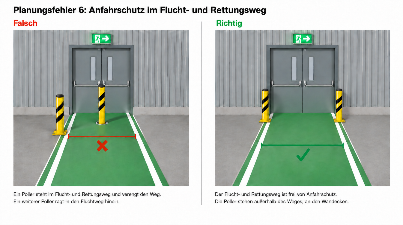 Anfahrschutz LKW & Gabelstapler 7 Planungsfehler 6: Rammschutz-Poller im Flucht- und Rettungsweg vor der Notausgangstür, links falsch mit eingeengter Mindestbreite, rechts richtig mit Pollern vor den Zargenpfosten außerhalb der Fluchtwegbreite und mit Abstand zur Wand