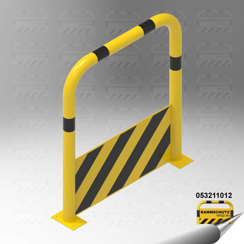 Gelb/schwarzer Rammschutz-Bügel mit Unterfahrschutz zum Aufdübeln aus Stahlrohr Ø76 mm, B1000 x H1150 mm