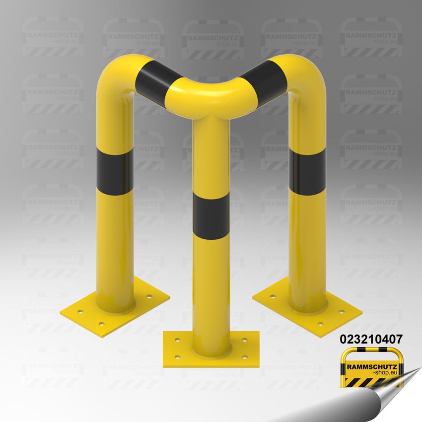 Gelb/schwarzer Rammschutz-Winkel zum Aufdübeln aus Stahlrohr Ø76 mm, L350/350xH650 mm
