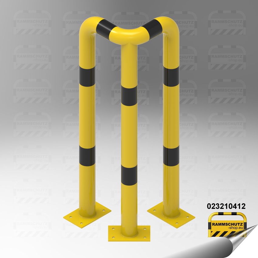 Schwarz/gelber Rammschutz-Winkel zum Aufdübeln aus Stahlrohr Ø76 mm, L350/350 x H1150 mm
